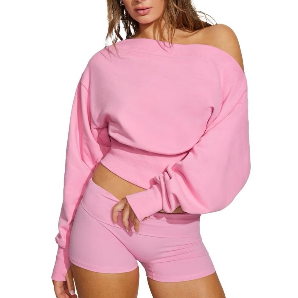 Women's Garage Pop It Pink SoftTerry Rib Off The Shoulder Sweater Sweatshirt